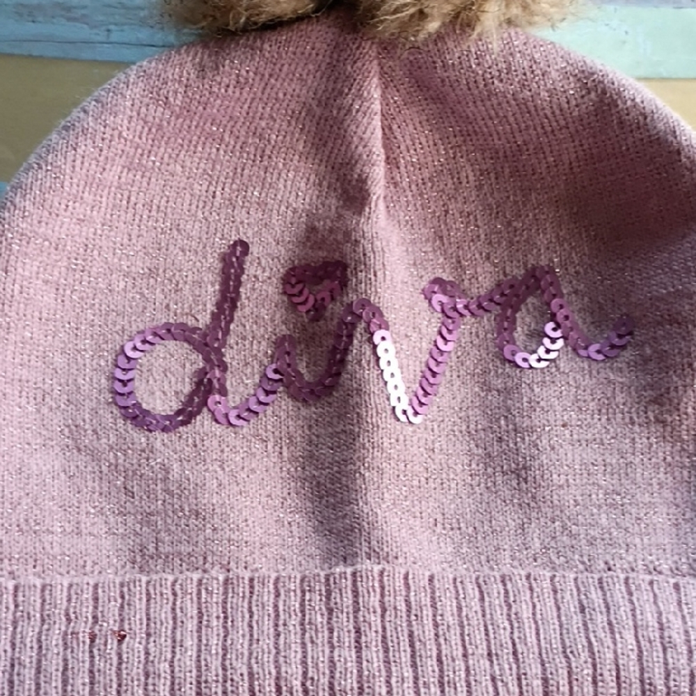 Kids Pink Sequin 'diva' Knit Pom Beanie